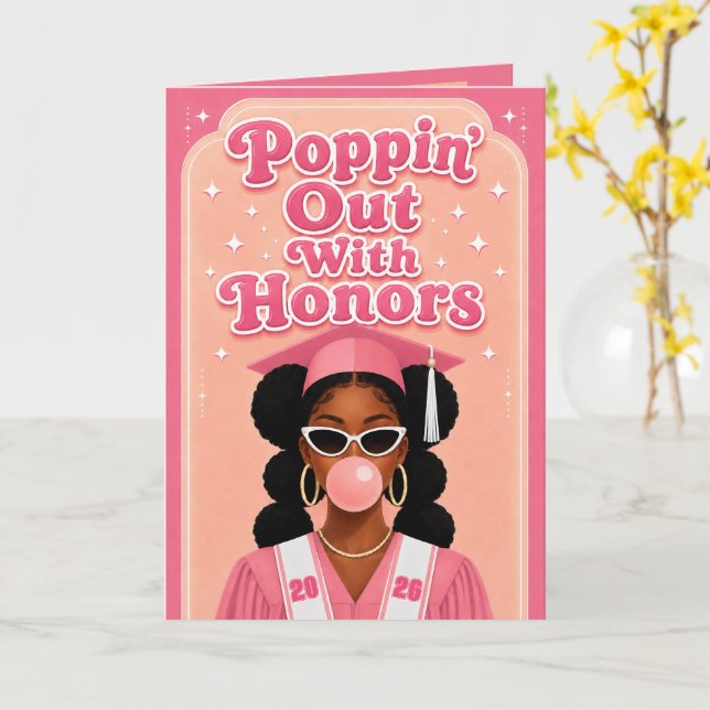 Carte Sortir avec les honneurs Fille noire diplômée Pink (Fleur jaune)