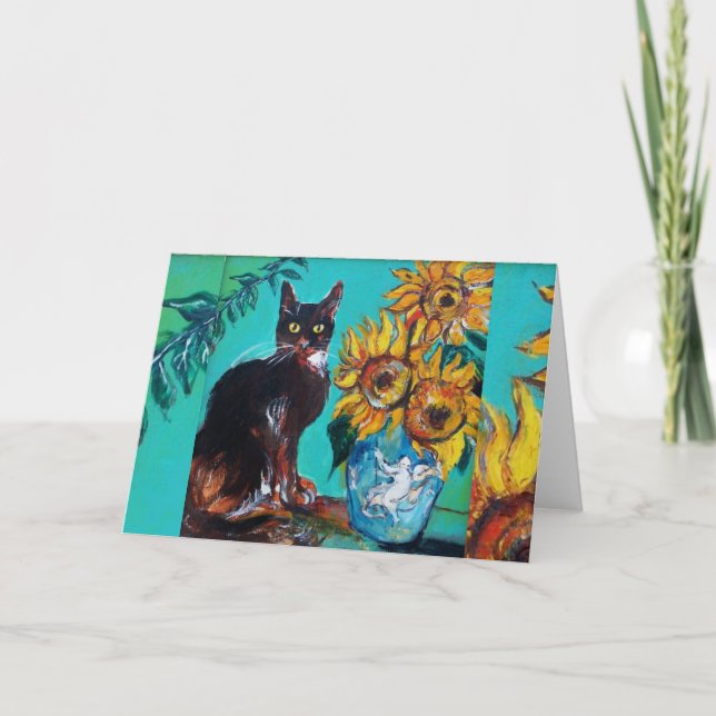 CARTE SOUCHES AVEC CHAT NOIR EN TURQUOISE BLEUE (Devant)