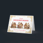 Carte Souhaits de Noël doux | Maison en pain d'épices<br><div class="desc">Cette carte de Noël sucrée présente une maison en pain d'épices générée par l'IA avec un cadre orné autour du bord. L'accueil dit "Souhaits de Noël doux de notre maison à la vôtre." A l'intérieur, il y a un autre salut avec du texte que vous pouvez personnaliser avec votre nom....</div>