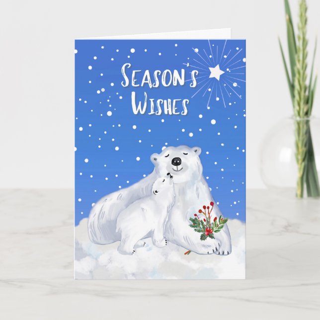 Carte Souhaits de saison avec bébé Ours polaire et mère (Devant)