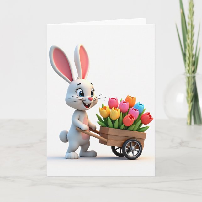 Carte Sourire Lapin Tulipe Chariot (Devant)