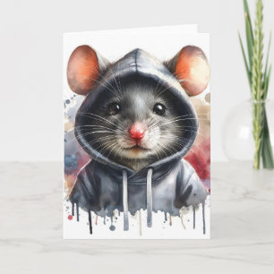 Carte Souris à l'aquarelle dans un sweat à capuche gris 