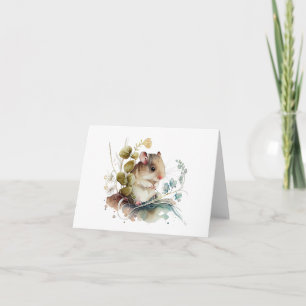 Carte Souris adorable mignonne avec Fleurs BLANC