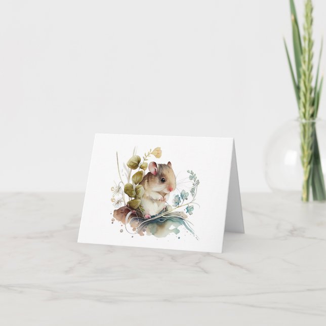 Carte Souris adorable mignonne avec Fleurs BLANC (Devant)