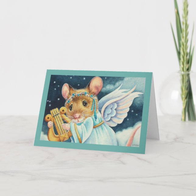 Carte Souris ange de Noël jouant de la lyre Art à l'aqua (Devant)