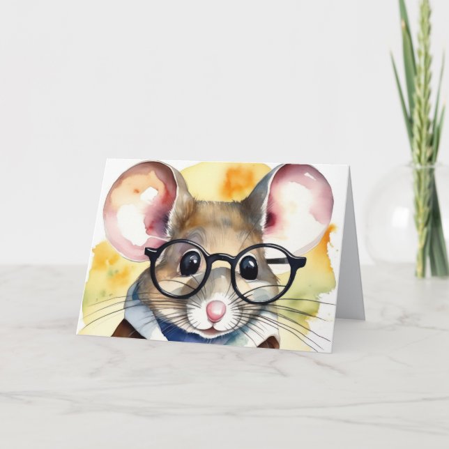 Carte Souris Aquarelle Anniversaire Avec Verre (Devant)