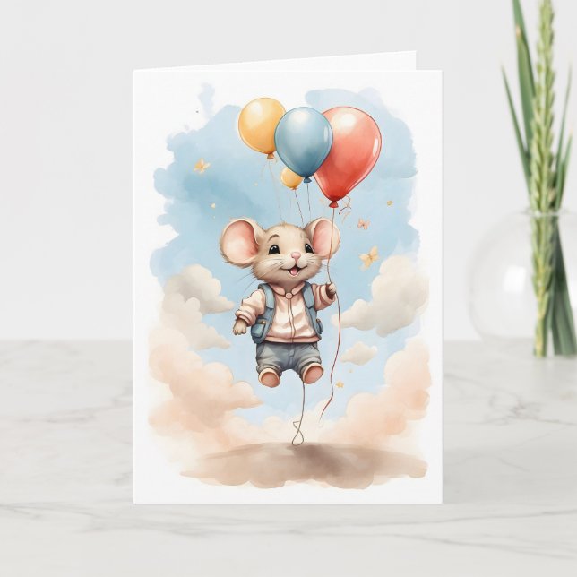 Carte Souris aquarelle mignonne flottant avec des ballon (Devant)