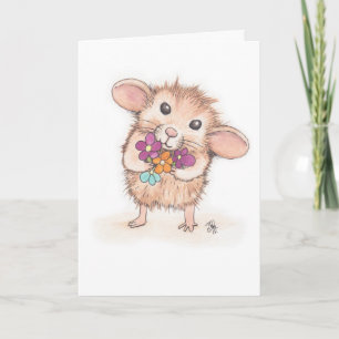 Carte Souris avec bouquet de fleurs Joyeux anniversaire