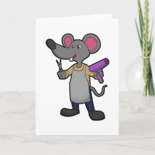 Carte Souris coiffeuse avec ciseaux et sèche-cheveux