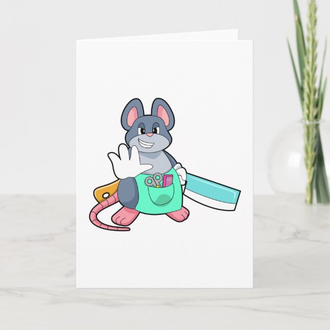 Carte Souris coiffeuse avec ciseaux & peigne (Devant)