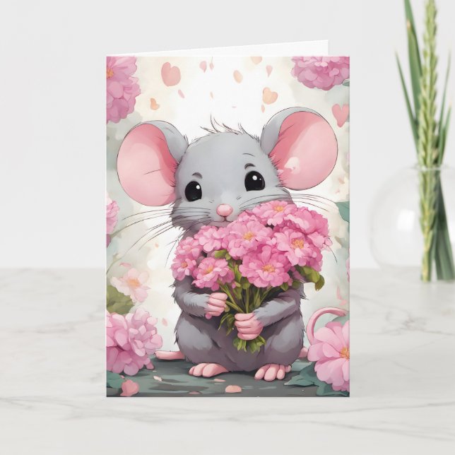 Carte Souris D'Anniversaire Aux Fleurs Roses (Devant)