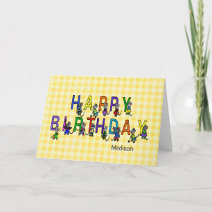 Carte souris d'anniversaire grise sur en vichy jaune