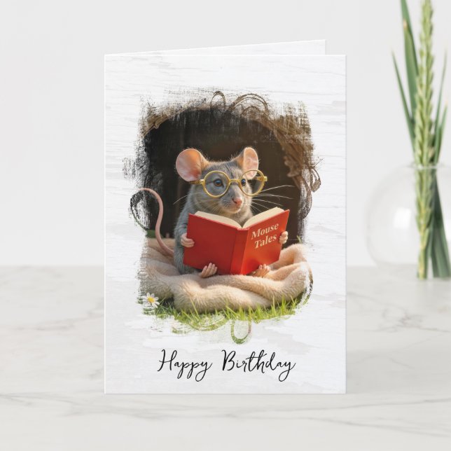 Carte Souris d'anniversaire lisant un livre (Devant)