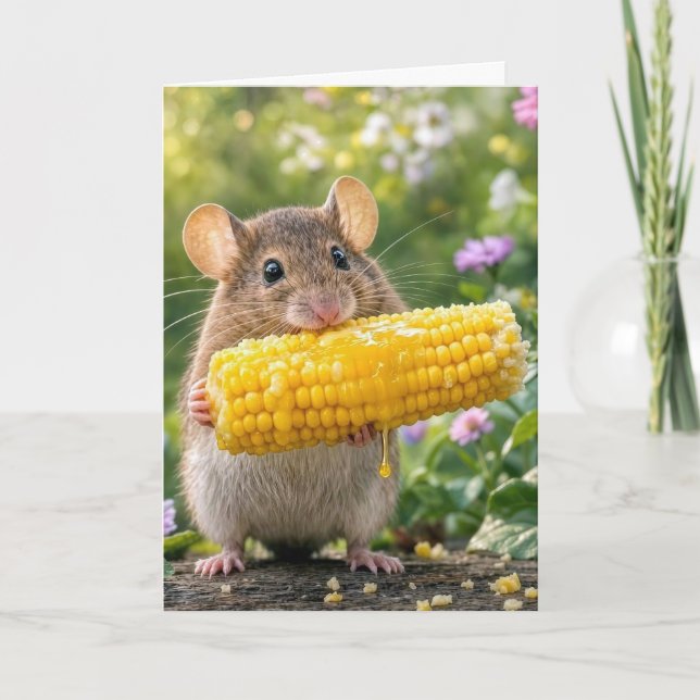 Carte Souris d'anniversaire mangeant du maïs en épi (Devant)