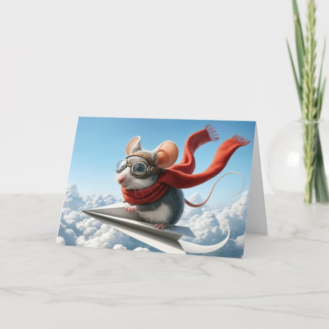 Carte Souris d'anniversaire pilotant un avion en papier (Devant)