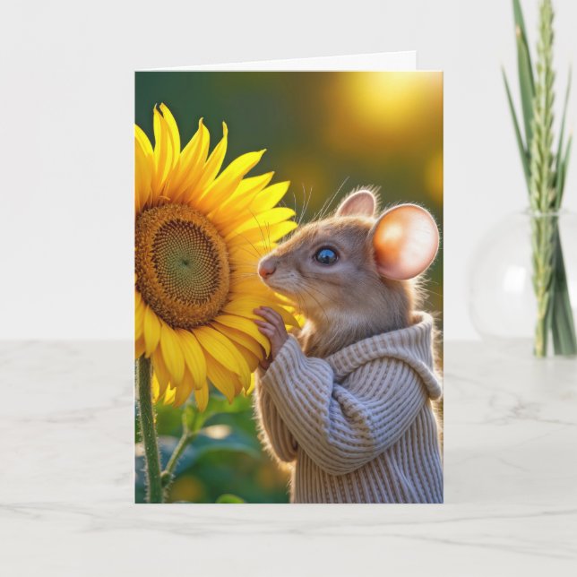 Carte Souris d'anniversaire qui sent un tournesol (Devant)