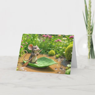 Carte Souris d'anniversaire remorquer un bateau à feuill