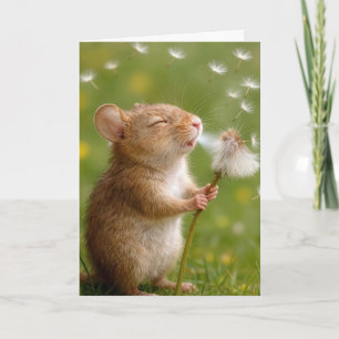 Carte Souris d'anniversaire soufflant sur des pousses de