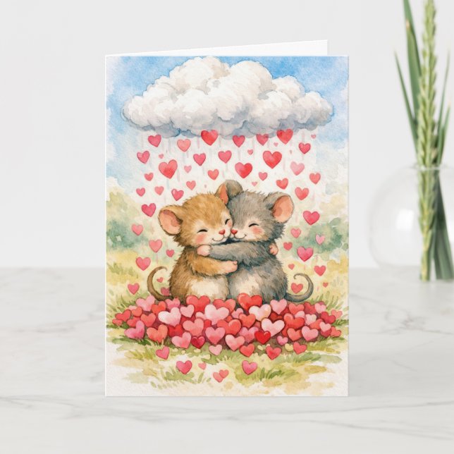Carte Souris d'anniversaire sous un nuage de cœurs (Devant)
