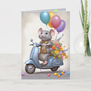 Carte Souris d'anniversaire sur un scooter