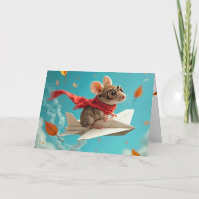 Carte Souris d'anniversaire volant un avion en papier (Devant)
