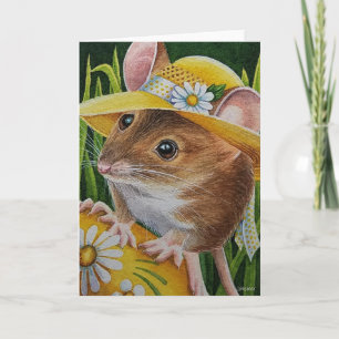 Carte Souris dans le bonnet découvre l'œuf jaune aquarel