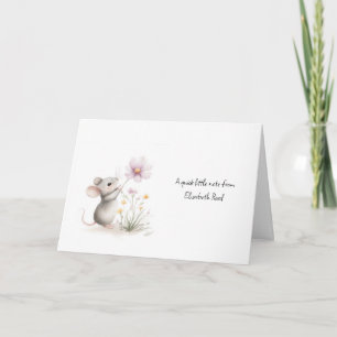 Carte Souris de conte de fées cueillant une fleur rose