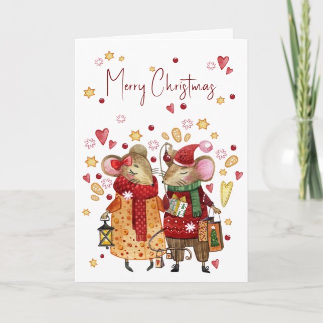 Carte Souris de Noël aux Coeurs et aux Étoiles (Devant)