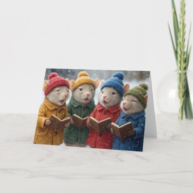 Carte Souris de Noël chantant dans la neige (Devant)