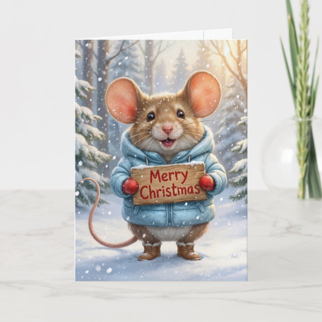 Carte Souris de Noël dans la forêt hivernale (Devant)