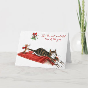 Carte Souris de Noël traînant un chat sous un gui