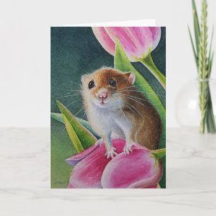 Carte Souris De Récolte Sur Tulipe Rose Ressort Aquarell