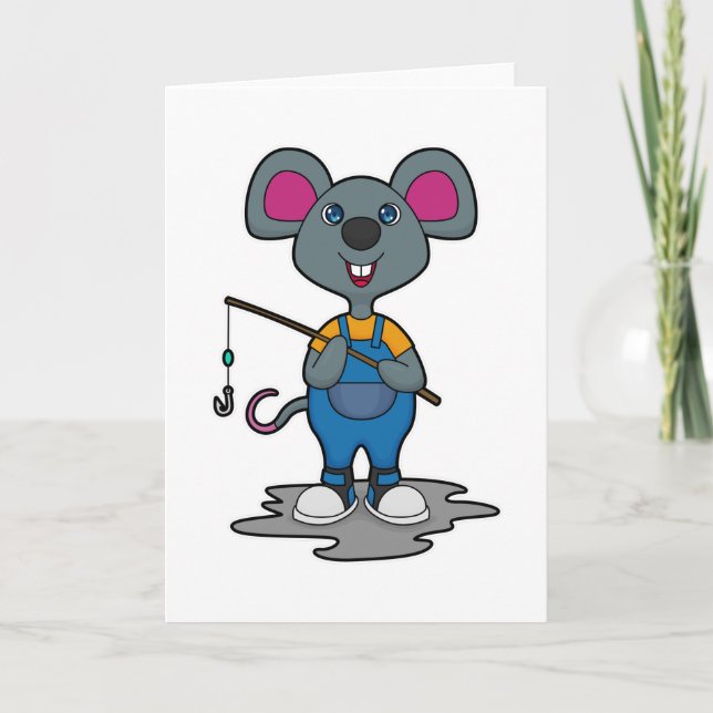 Carte Souris en pêcheur avec canne à pêche (Devant)