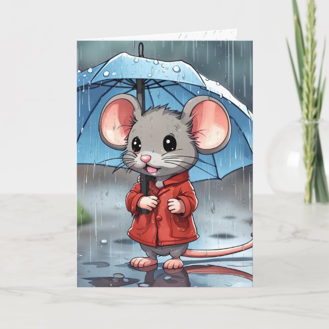 Carte Souris Gris Avec Parapluie En Pluie (Devant)