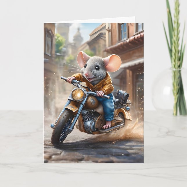 Carte Souris mignonne équitation d'une moto Blank Saluta (Devant)