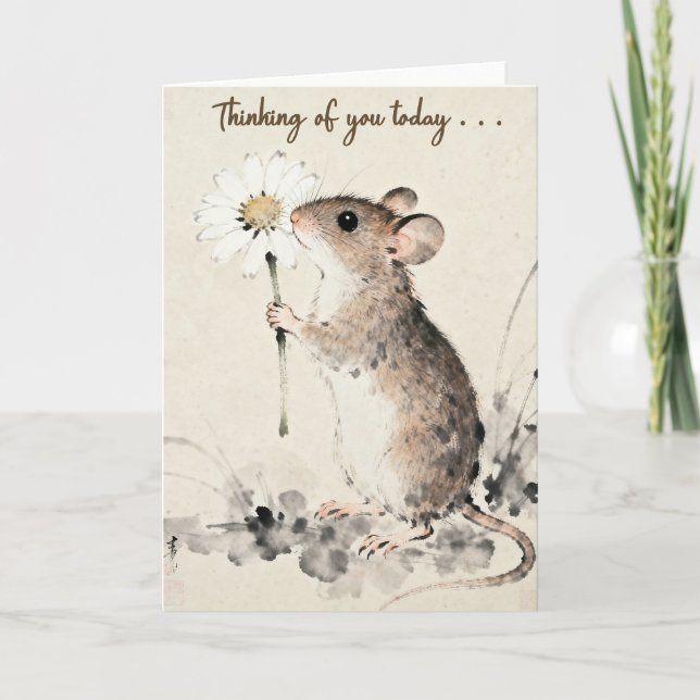 Carte Souris tenant une fleur pensant à vous (Devant)