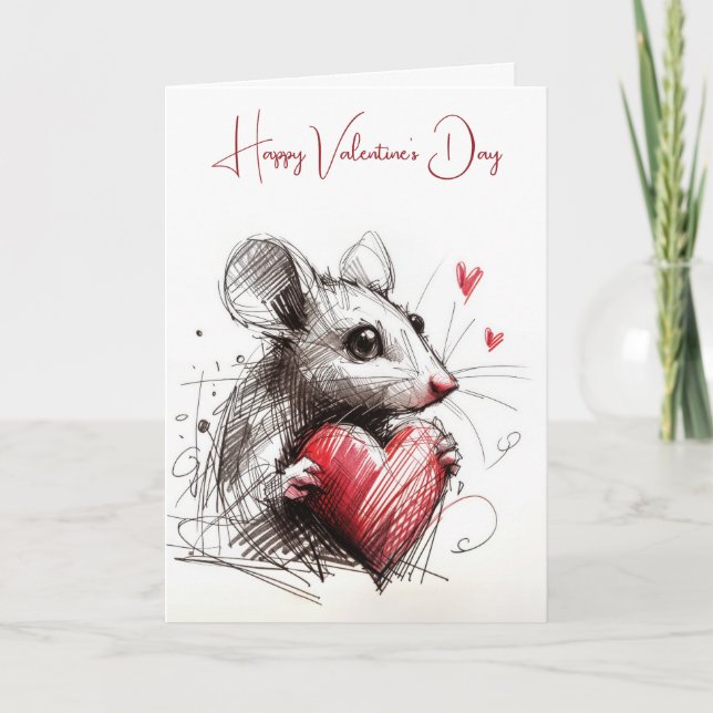 Carte Souris Valentine Avec Coeur Rouge (Devant)