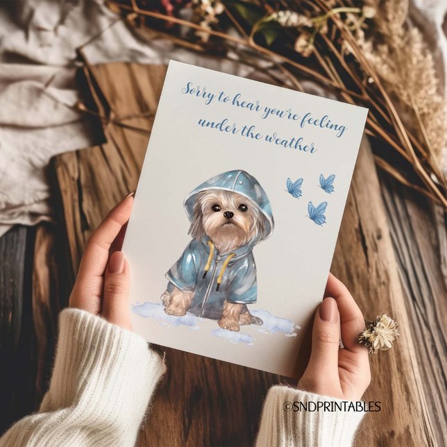 Carte Sous la pluie avec un adorable Yorkie bleu aquarel (Créateur téléchargé)