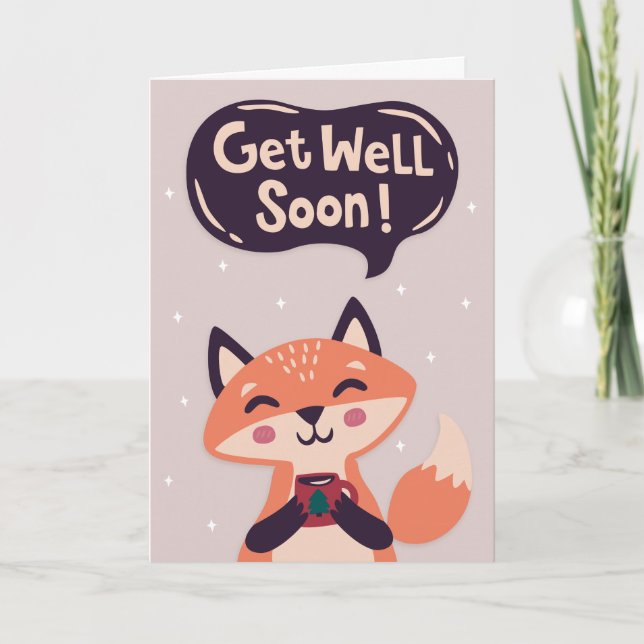 Carte Soyez bien Bientôt mignon Fox avec salutation café (Devant)