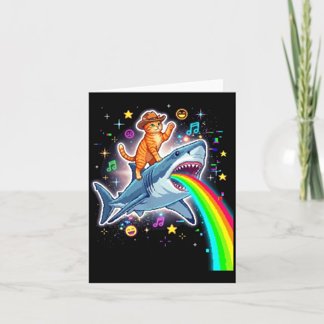 Carte Space Cowboy Cat Riding Shark Rainbow Xel Art  (Devant)