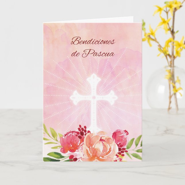 Carte Spanish Language Easter Blessings Pink Flowers wit (Fleur jaune)