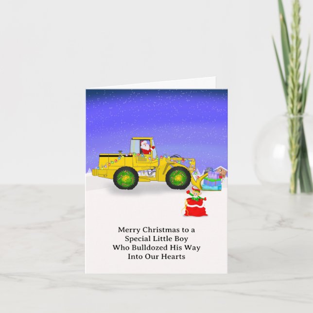 Carte Spécial Noël Garçon Santa en Bulldozer (Devant)