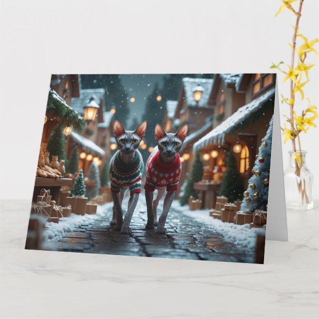 Carte Sphynx Chats Noël Fête de neige (Fleur jaune)