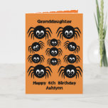 Carte Spiders Birthday Halloween Granddaughter<br><div class="desc">A personalized spider granddaughter birthday Halloween card featuring a bunch of creepy crawly spiders. You can easily personalize the front of this spider halloween birthday granddaughter card with their age and name. Inside reads a spooktacular message, which you can keep or edit if wanted. The back of the kid's birthday...</div>