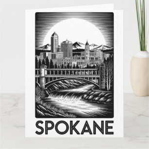 Carte Spokane Washington Skyline Noir et Blanc Gravure s