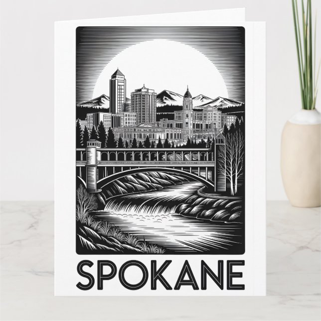 Carte Spokane Washington Skyline Noir et Blanc Gravure s (Devant)