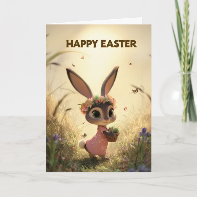 Carte Spring Meadow Bunny in Pink Dress Easter Card (Devant)