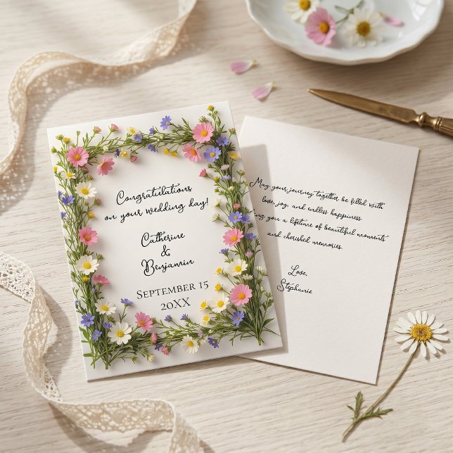 Carte Spring Wildflower Border Wedding Congratulations (Créateur téléchargé)