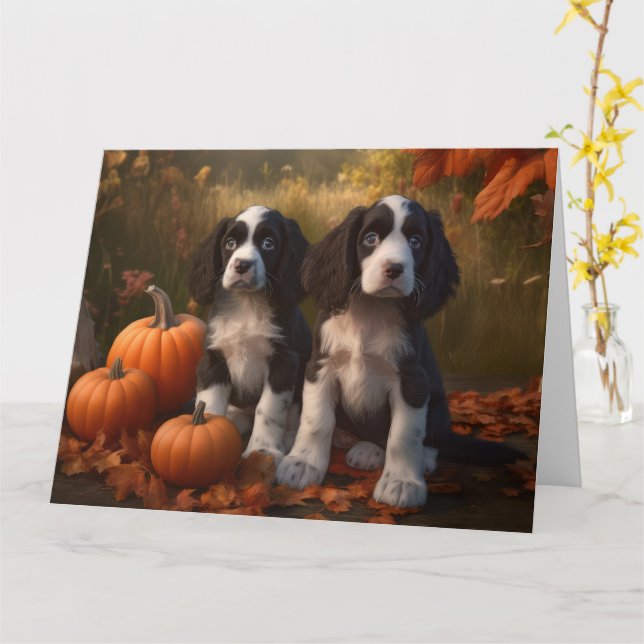 Carte Springer Spaniel chiot Autumn Delight Citrouille  (Fleur jaune)