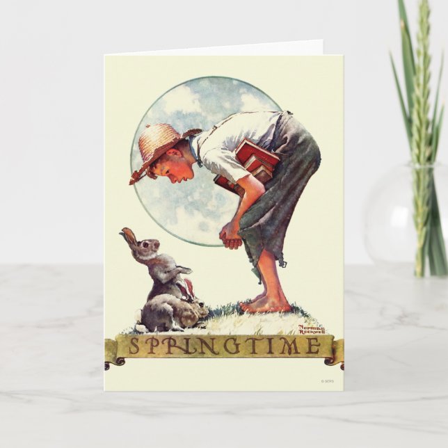 Carte Springtime, 1935 garçon avec lapin (Devant)